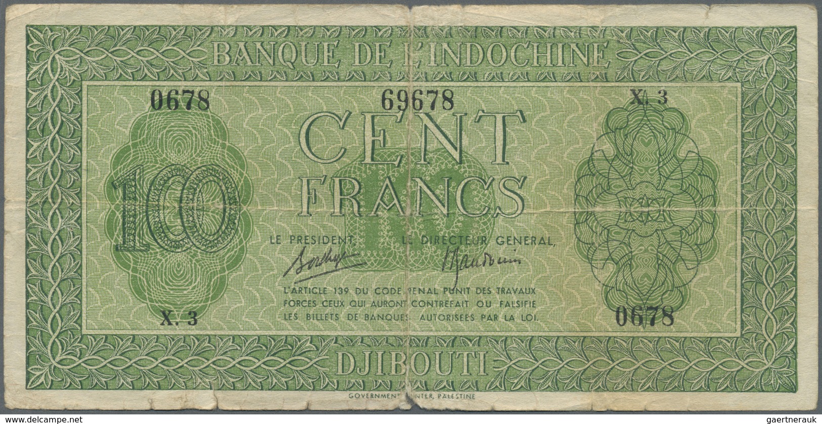 Djibouti / Dschibuti:  Banque De L'Indochine 100 Francs ND(1945), P.16, Lightly Toned Paper With Som - Gibuti