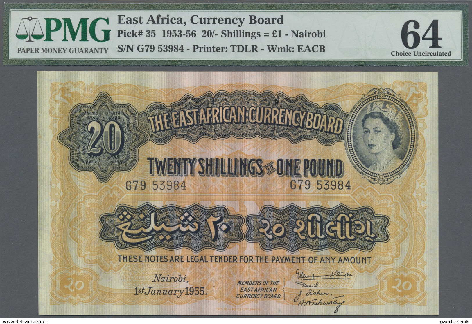 East Africa / Ost-Afrika: 20 Shillings = 1 Pound 1955 P. 35 Portrait QEII, Condition: PMG Graded 64 - Sonstige – Afrika