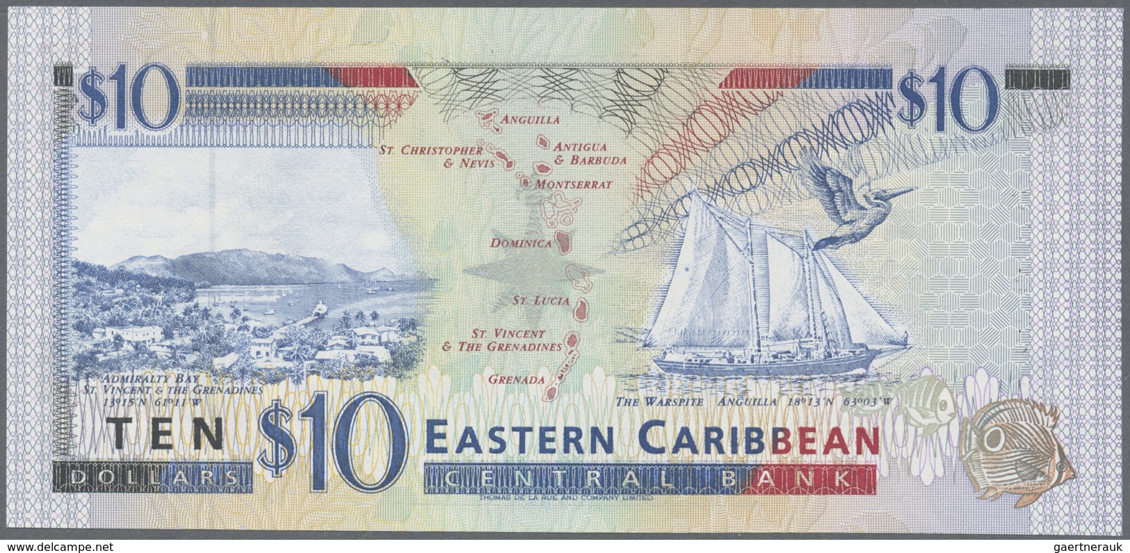 East Caribbean States / Ostkaribische Staaten: Set with 5 Banknotes 5 Dollars Saint Kitts and Montse