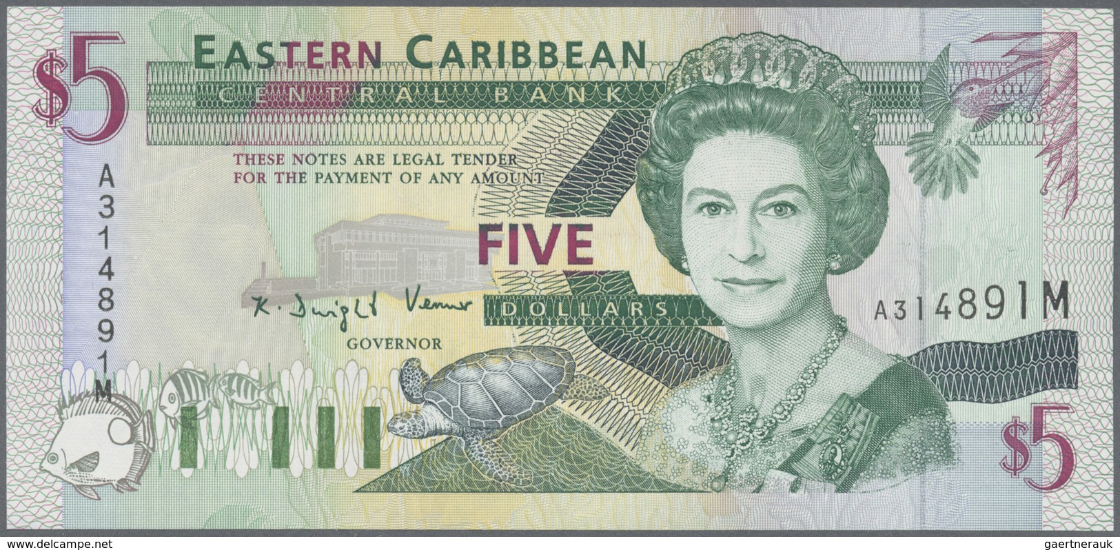 East Caribbean States / Ostkaribische Staaten: Set with 5 Banknotes 5 Dollars Saint Kitts and Montse