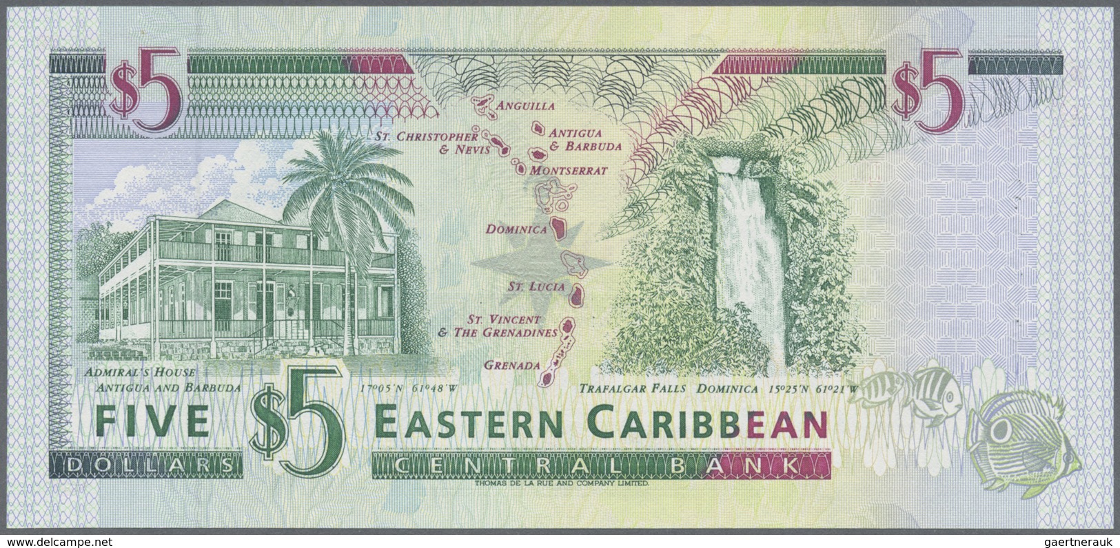 East Caribbean States / Ostkaribische Staaten: Set with 5 Banknotes 5 Dollars Saint Kitts and Montse