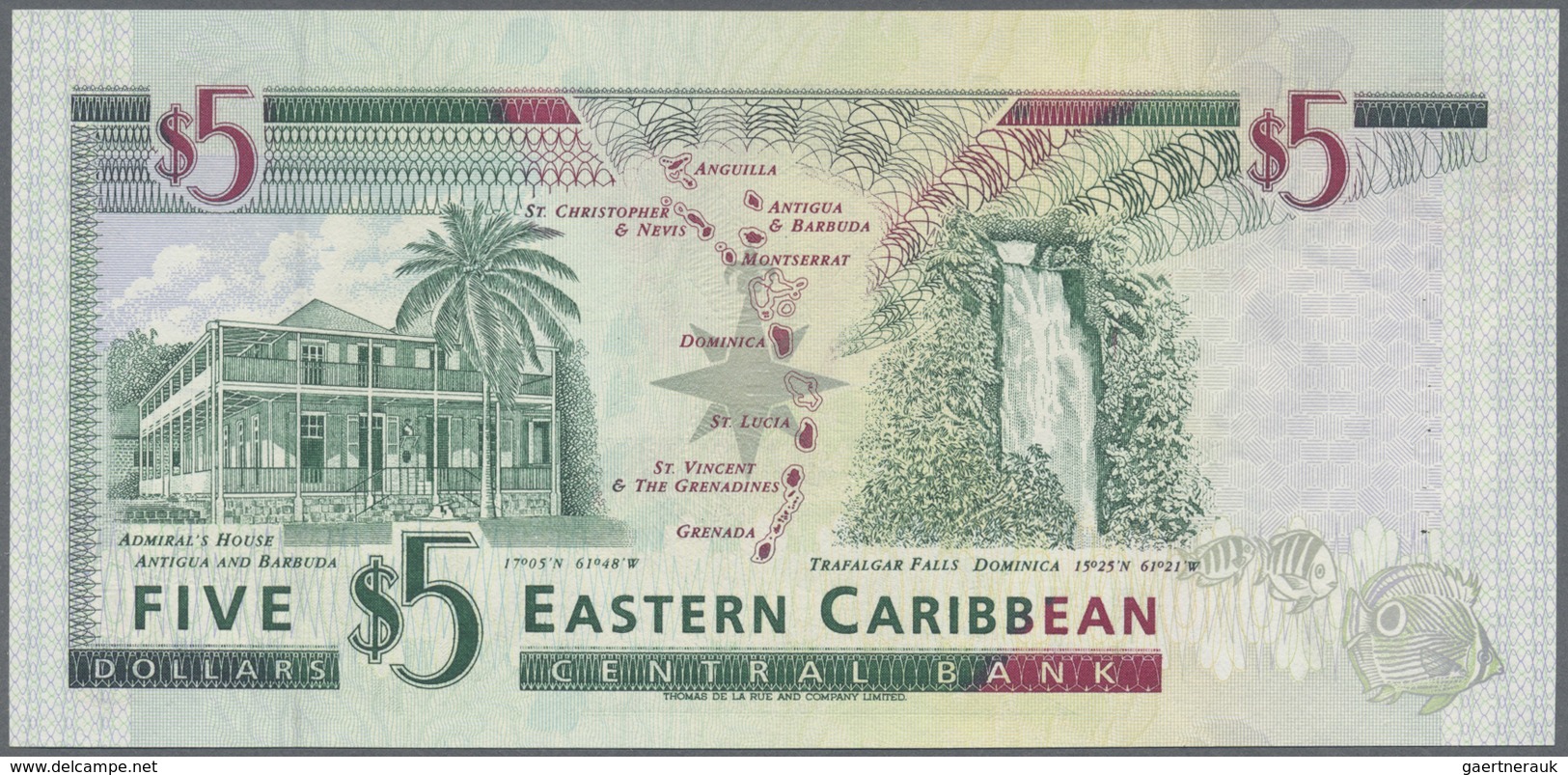 East Caribbean States / Ostkaribische Staaten: Set with 5 Banknotes 5 Dollars Saint Kitts and Montse