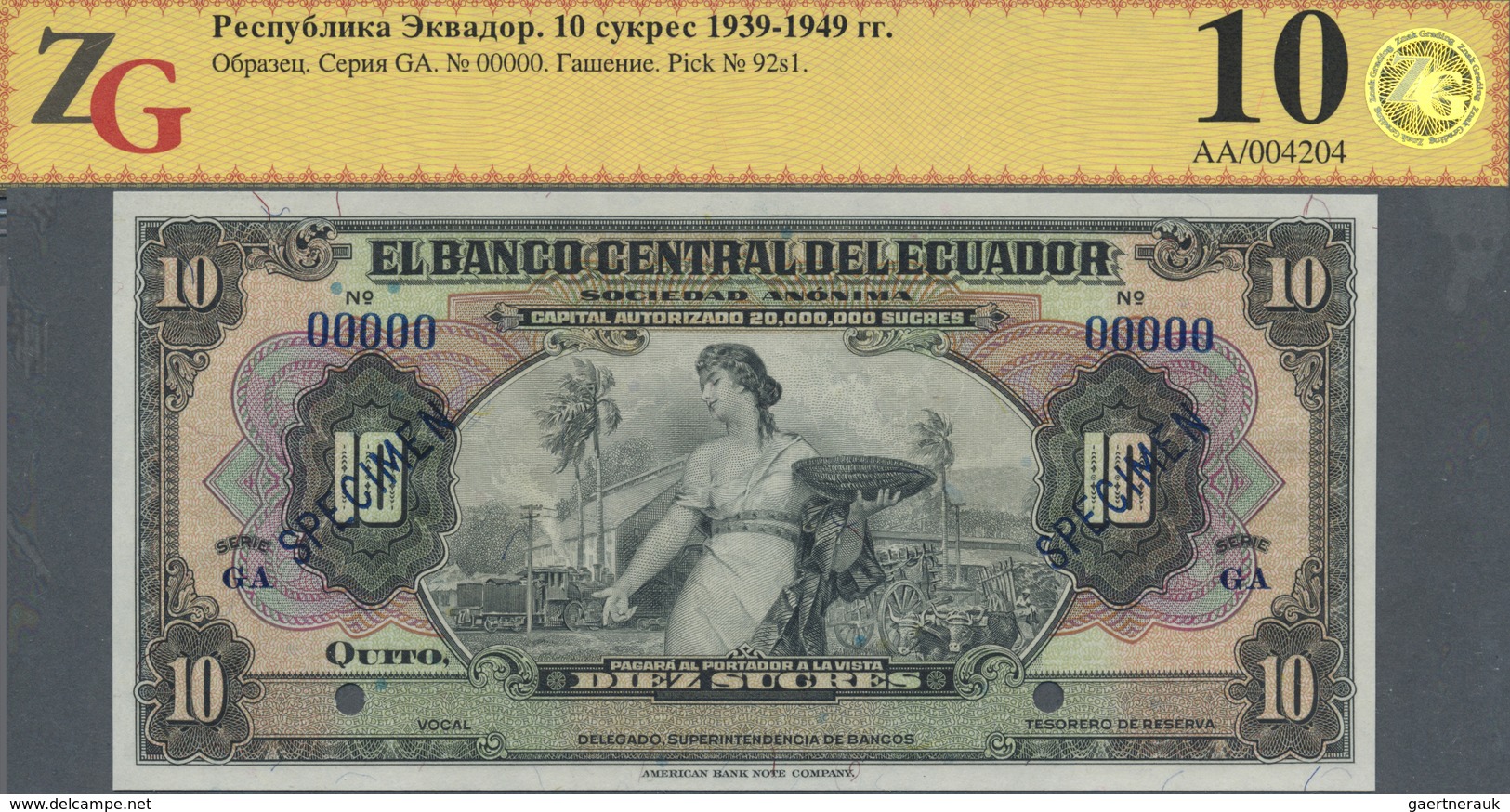 Ecuador: 10 Sucres 1939-49 SPECIMEN, P.92s1 In Perfect Condition, ZG Graded 60 UNC - Ecuador