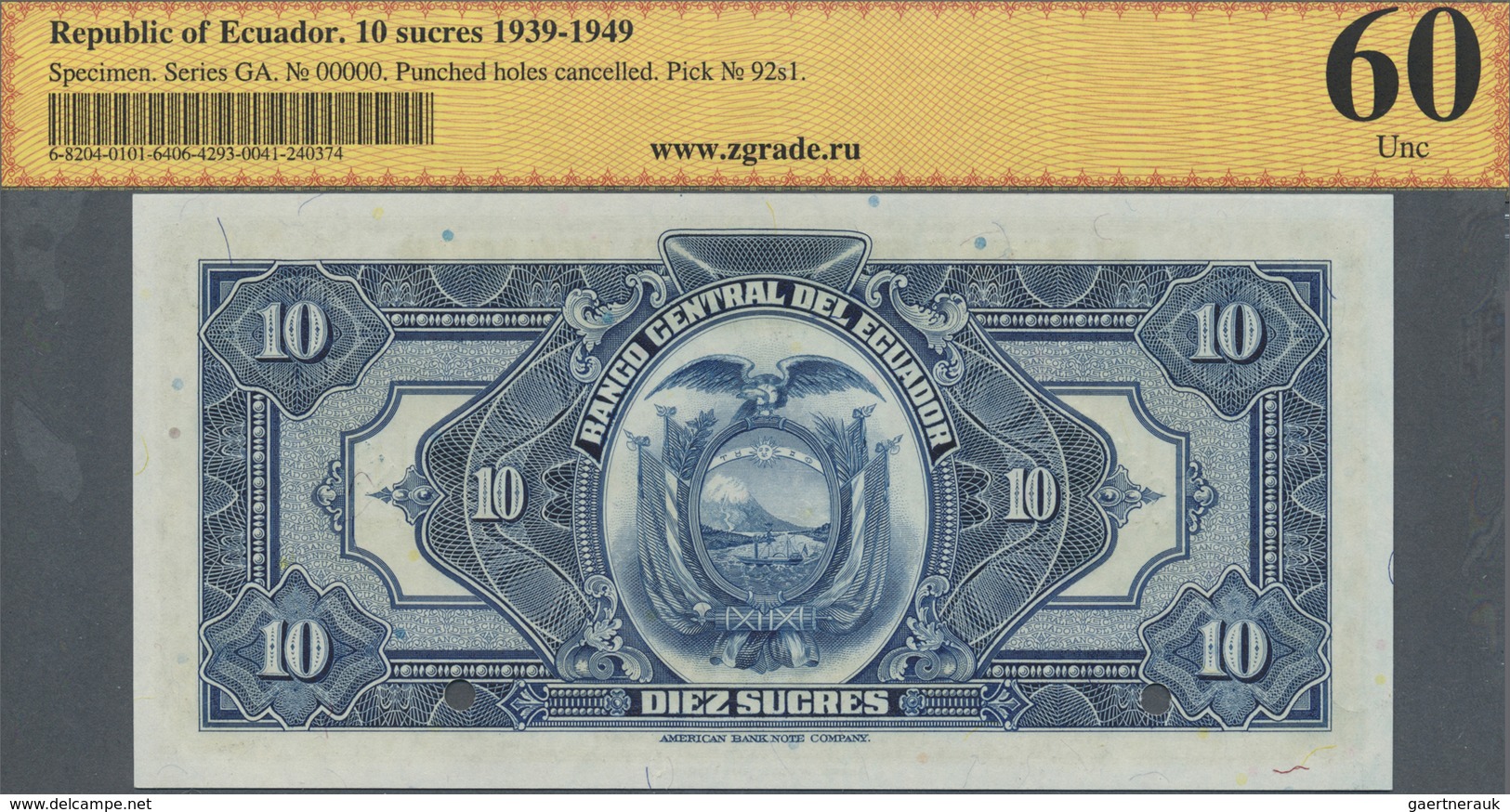 Ecuador: 10 Sucres 1939-49 SPECIMEN, P.92s1 In Perfect Condition, ZG Graded 60 UNC - Ecuador