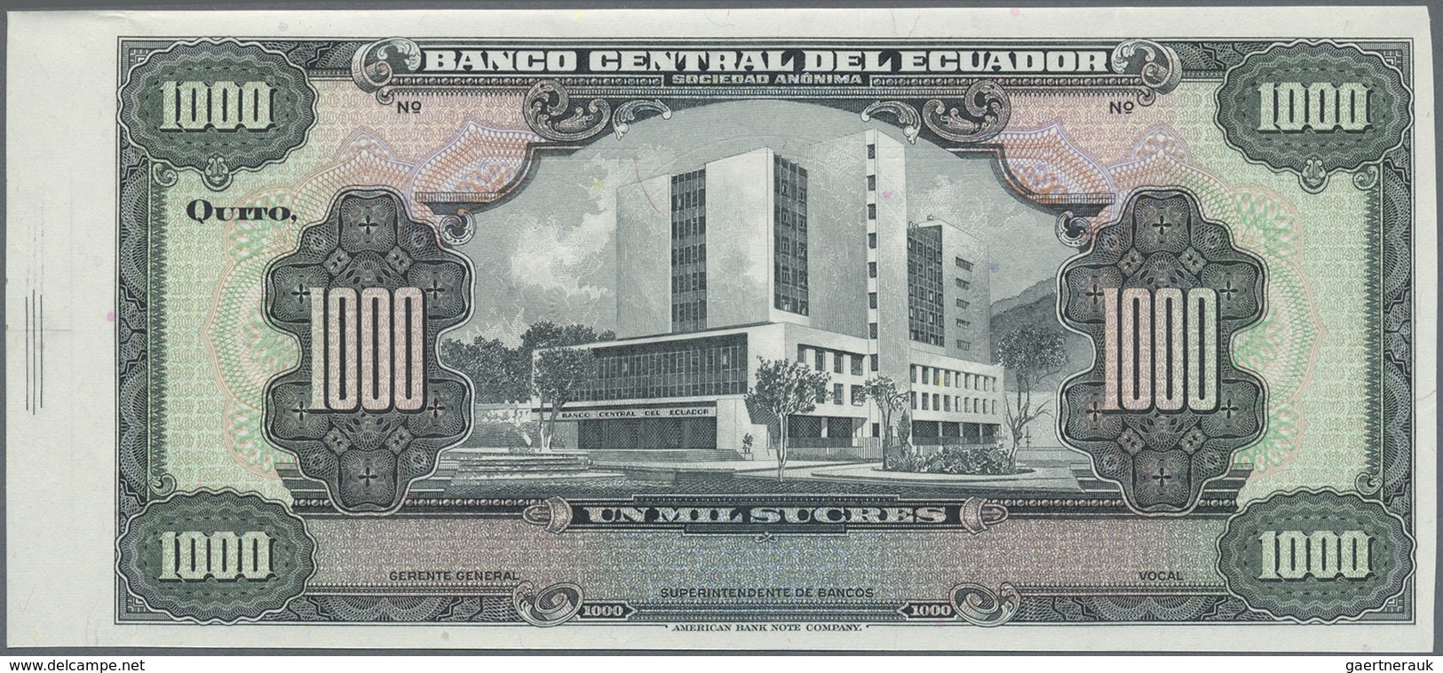 Ecuador:  Banco Central Del Ecuador 1000 Sucres 1969-73 Proof, Without Signatures, Serial Number And - Ecuador