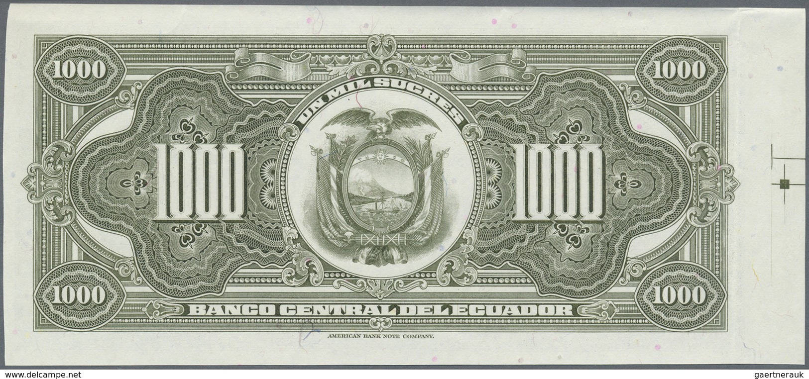 Ecuador:  Banco Central Del Ecuador 1000 Sucres 1969-73 Proof, Without Signatures, Serial Number And - Ecuador