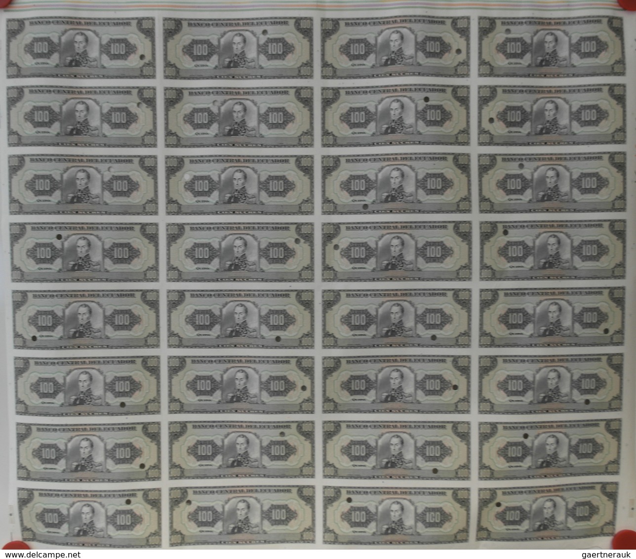 Ecuador: Uncut Sheet Of 32 Pcs 100 Sucres ND Proof Print P. 118p In Condition: UNC. (32 Pcs Uncut) - Ecuador