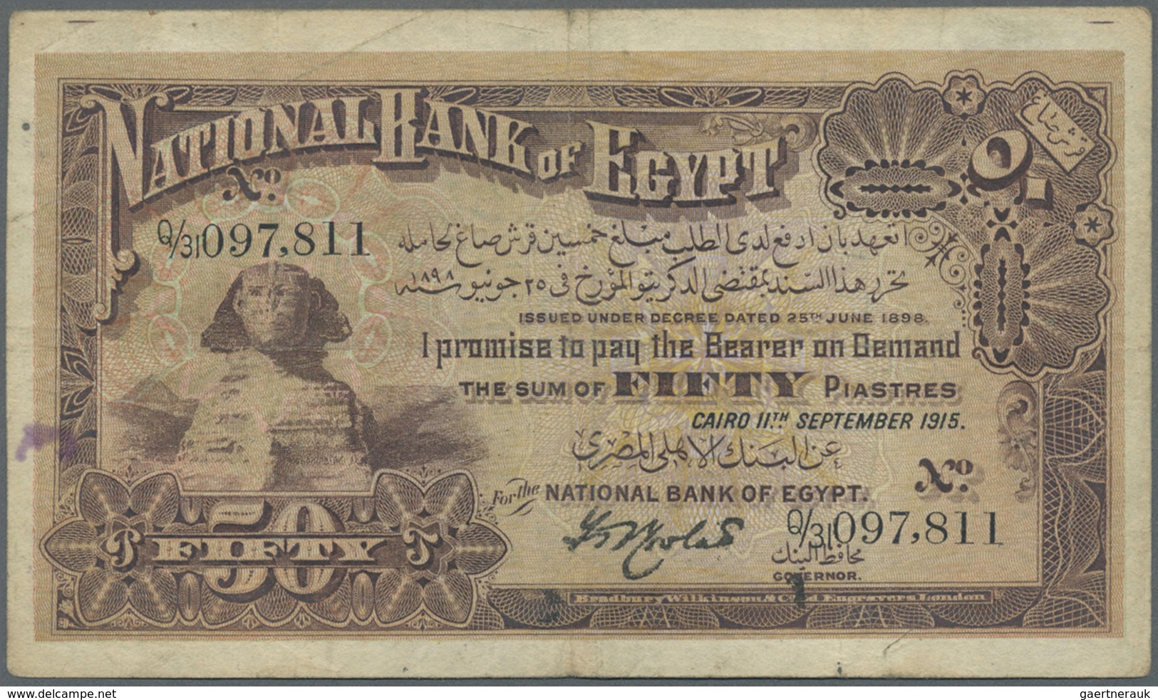 Egypt / Ägypten:  National Bank Of Egypt 50 Piastres September 11th 1915, P.11, Lightly Toned Paper - Egypt