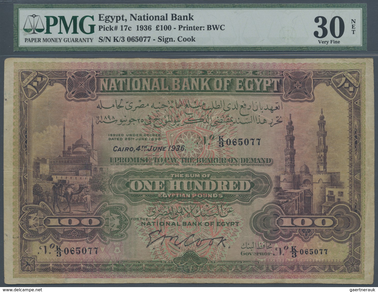Egypt / Ägypten: 100 Pounds 1936 Sign. Cook P. 17c, PMG Graded 30 Very Fine NET. - Egypt