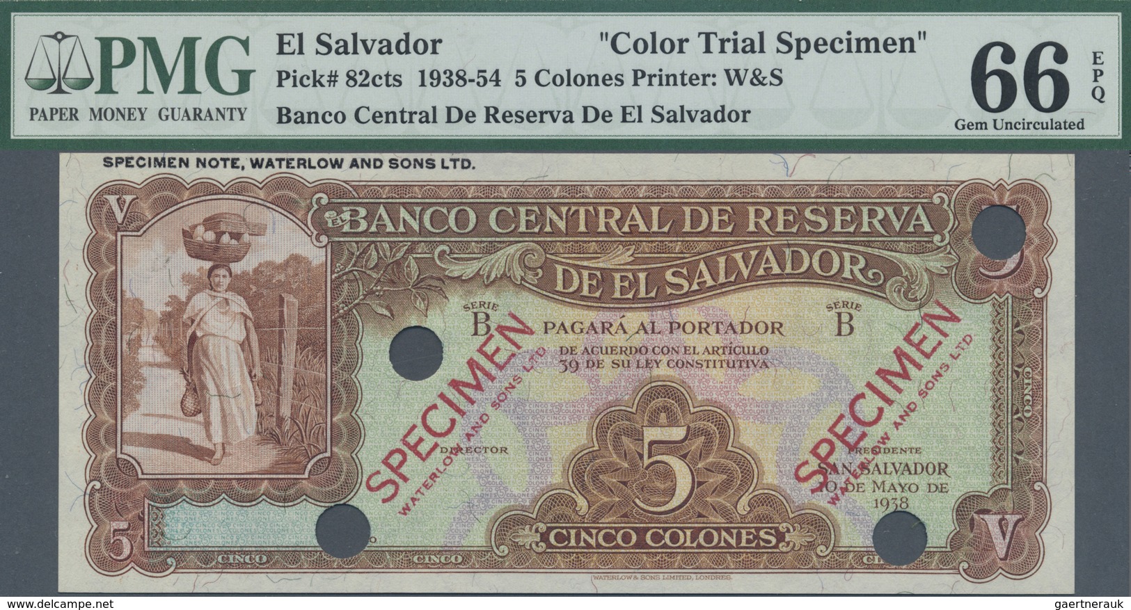 El Salvador: Banco Central De Reserva De El Salvador 5 Colones 1938 Color Trial SPECIMEN By Waterlow - El Salvador