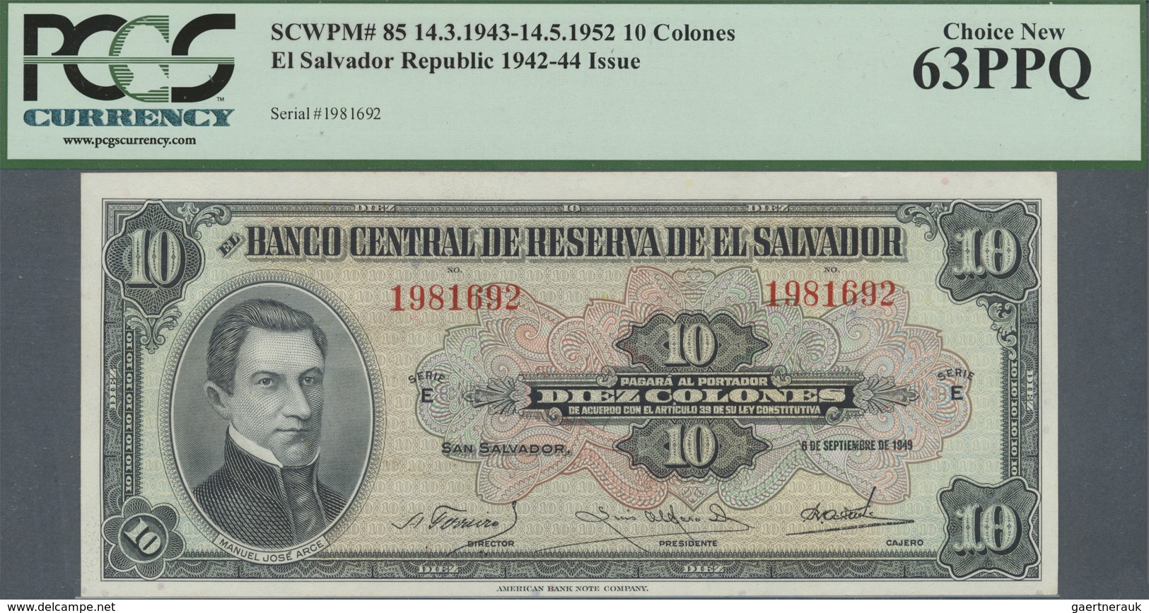 El Salvador: 10 Colones 1949 P. 85, PCGS Graded 63 Choice New PPQ. - El Salvador