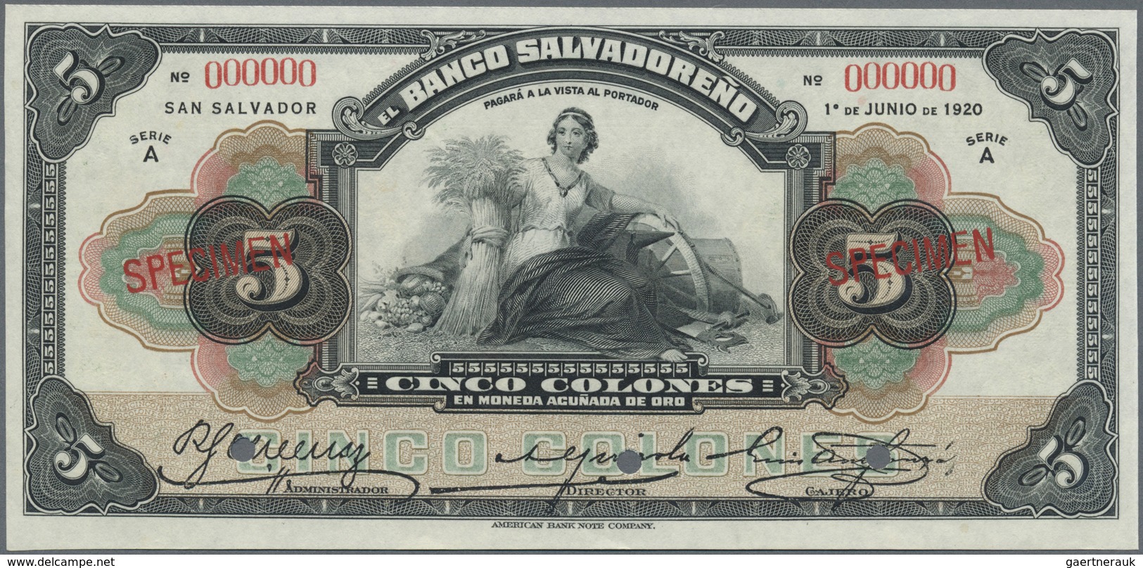 El Salvador: Banco Salvadoreño 5 Colones 1920 SPECIMEN, P.S213s, Punch Hole Cancellation At Lower Ma - El Salvador