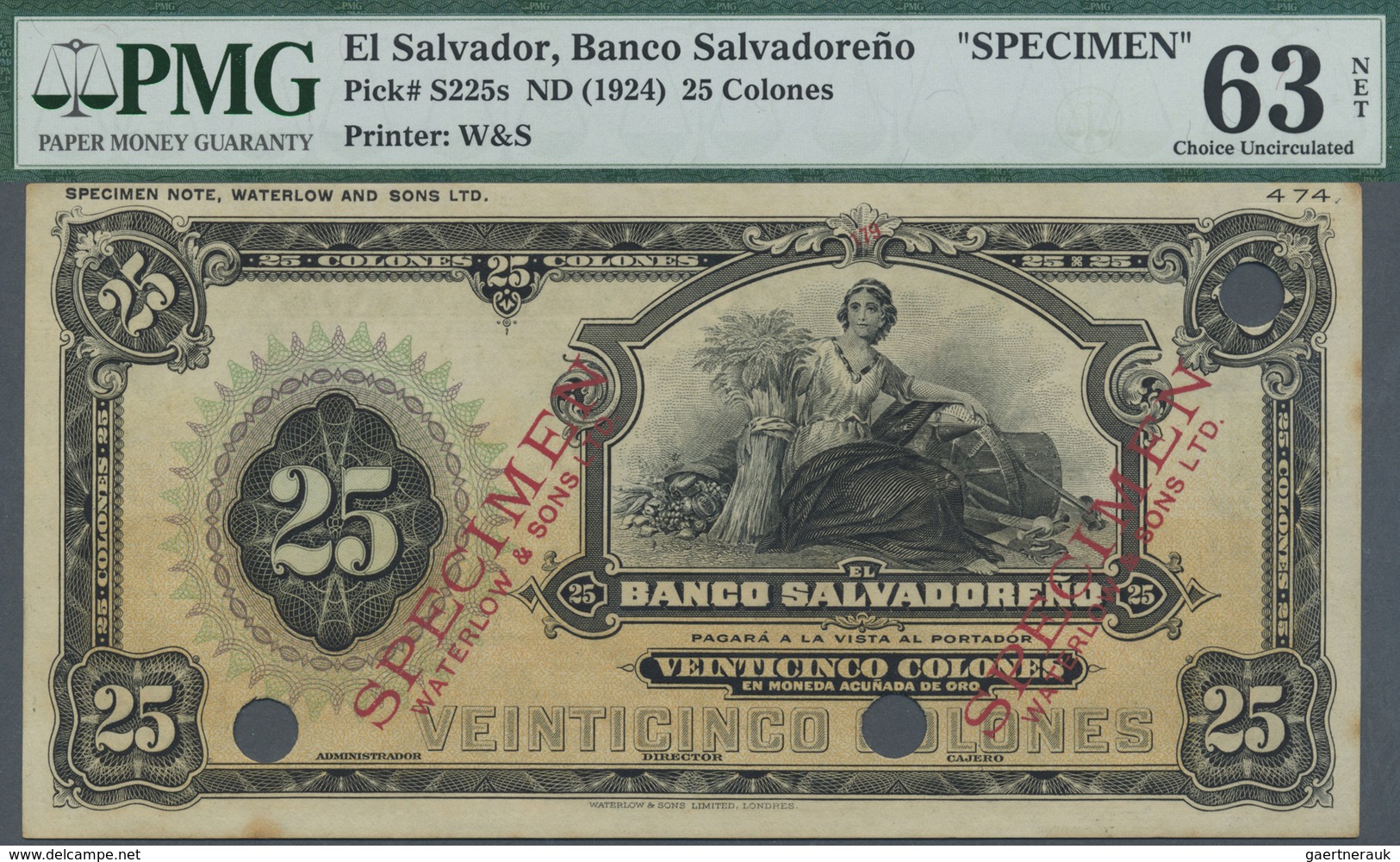 El Salvador:  Banco Salvadoreño 25 Pesos ND(1924) SPECIMEN, P.S225s With Punch Hole Cancellation And - El Salvador