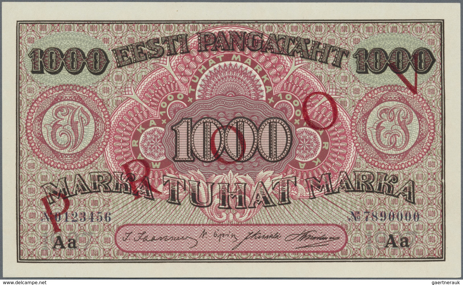 Estonia / Estland: 1000 Marka ND(1922) Specimen Proof P. 59sp, Front And Back Seperately Printed Wit - Estonia