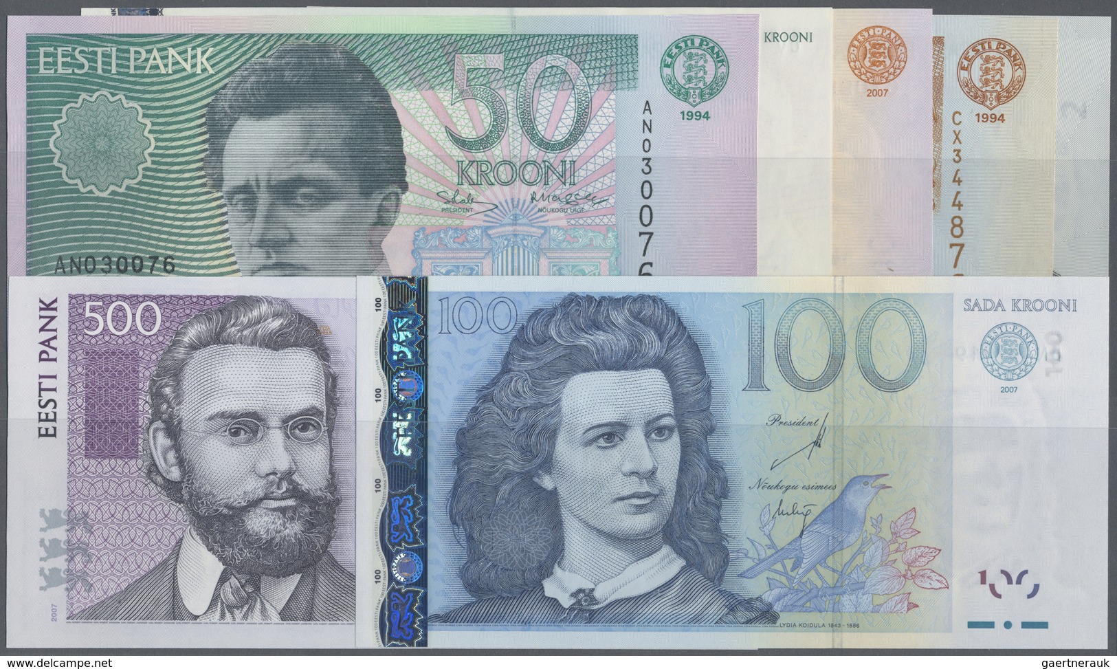 Estonia / Estland: Set With 7 Banknotes 2 Krooni 2007 P.85b (UNC), 5 Krooni 1994 P.76 (UNC), 10 Kroo - Estonia