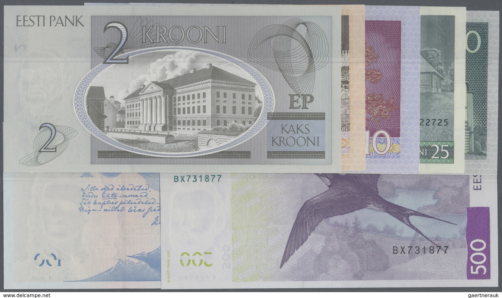 Estonia / Estland: Set With 7 Banknotes 2 Krooni 2007 P.85b (UNC), 5 Krooni 1994 P.76 (UNC), 10 Kroo - Estonia