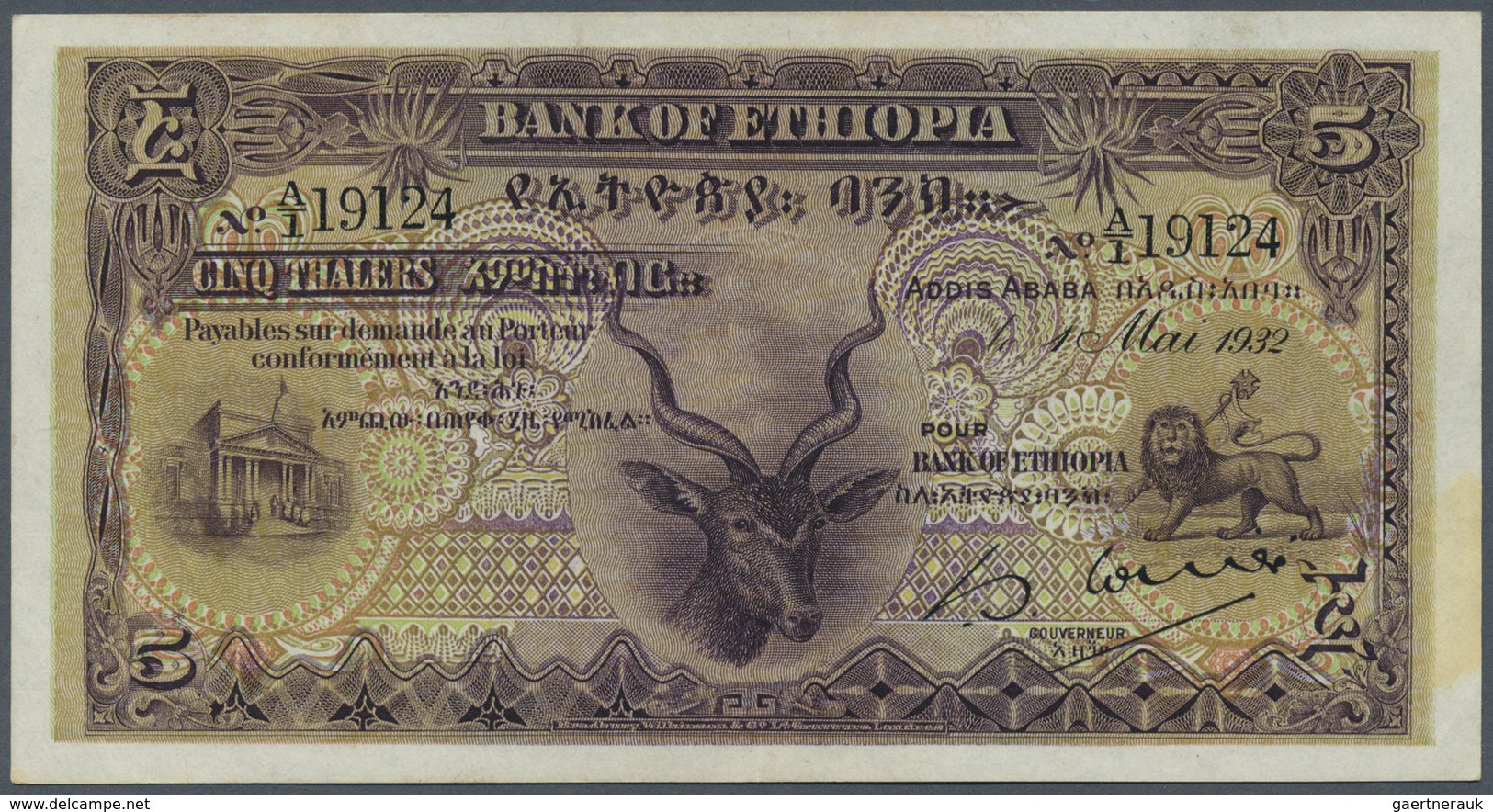 Ethiopia / Äthiopien: 5 Thalers 1932, P.7, Very Nice Looking Note With A Very Soft Vertical Bend, So - Ethiopia