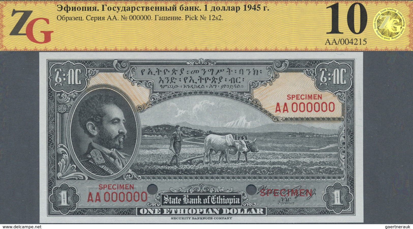 Ethiopia / Äthiopien: 1 Dollar 1945 SPECIMEN, P.12s2 In Perfect Condition, ZG Graded 68 GUnc - Ethiopia