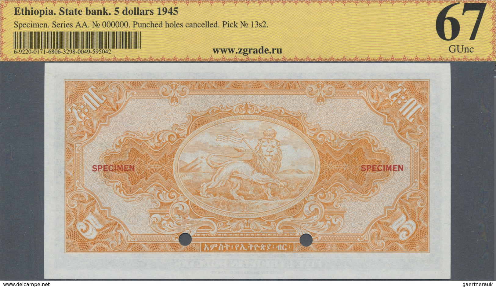 Ethiopia / Äthiopien: 5 Dollars 1945 SPECIMEN, P.13s2 In Perfect Condition, ZG Graded 67 GUnc - Ethiopia