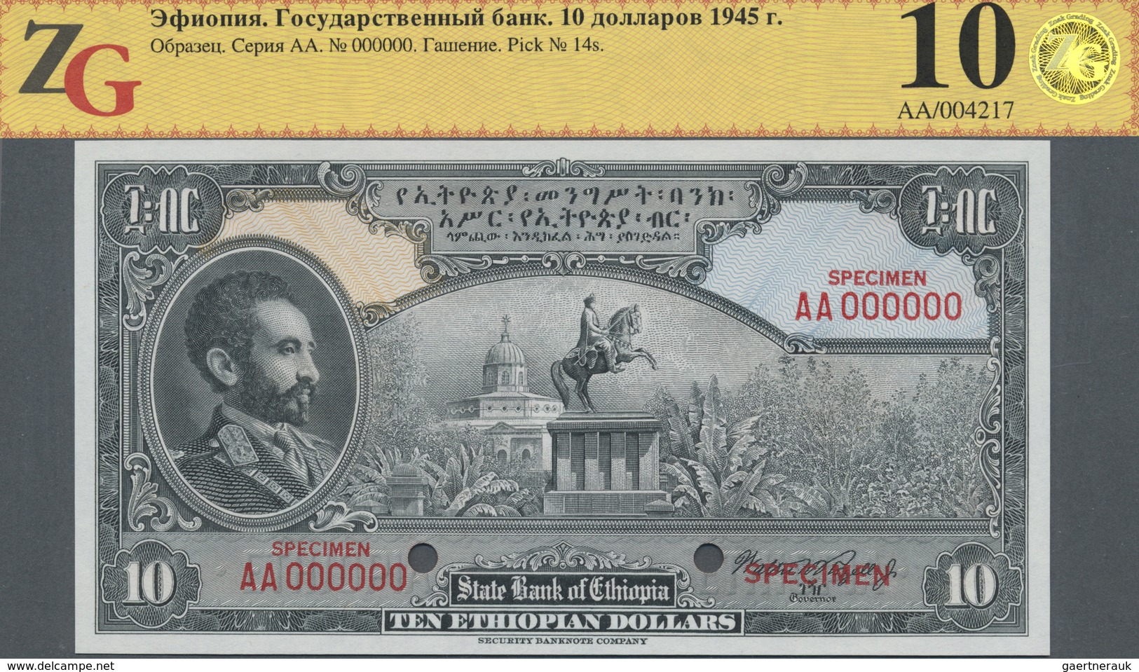 Ethiopia / Äthiopien: 10 Dollars 1945 SPECIMEN, P.14s In Perfect Condition, ZG Graded 68 GUnc - Ethiopie