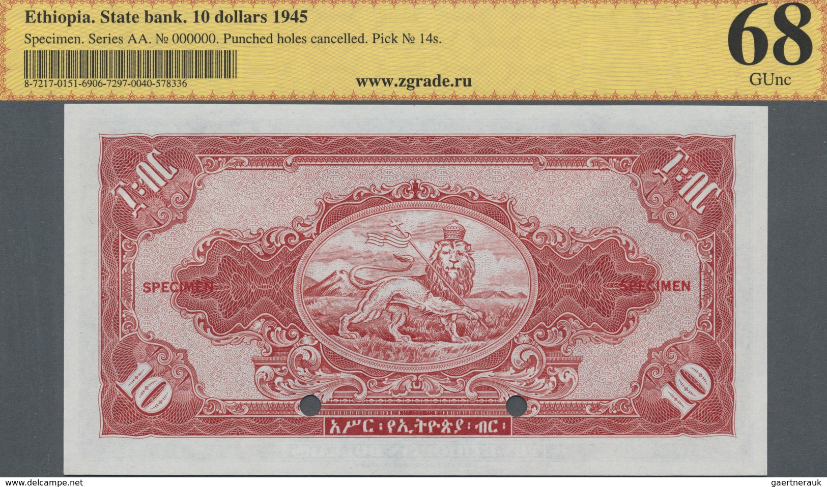 Ethiopia / Äthiopien: 10 Dollars 1945 SPECIMEN, P.14s In Perfect Condition, ZG Graded 68 GUnc - Ethiopia