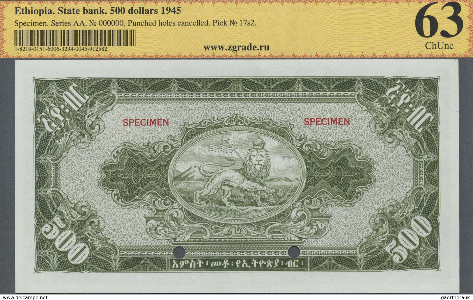 Ethiopia / Äthiopien: 500 Dollars 1945 SPECIMEN, P.17s2 In Perfect Condition, ZG Graded 63 ChUnc - Ethiopia