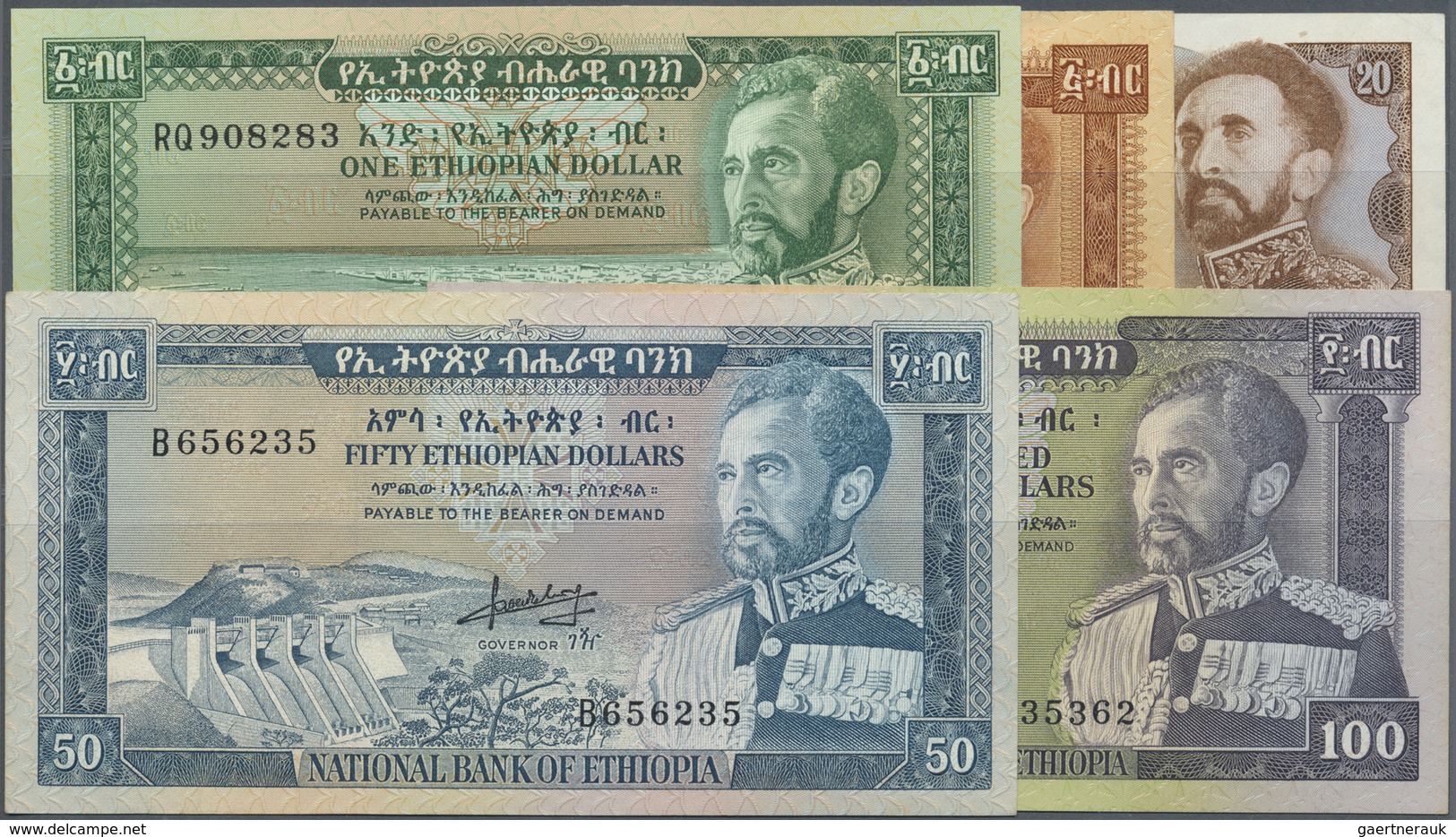 Ethiopia / Äthiopien: Set With 5 Banknotes Comprising 1 Dollar ND(1966) P.25 (UNC), 5 Dollars ND(196 - Ethiopia