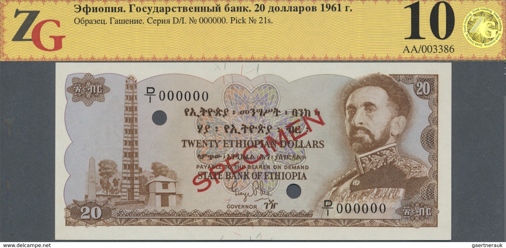 Ethiopia / Äthiopien: 20 Dollars 1961 SPECIMEN In Perfect Condition, ZG Graded 66 GUnc - Ethiopia