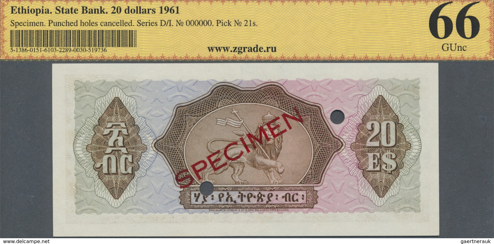 Ethiopia / Äthiopien: 20 Dollars 1961 SPECIMEN In Perfect Condition, ZG Graded 66 GUnc - Ethiopia