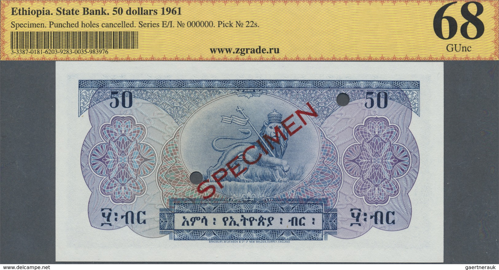 Ethiopia / Äthiopien: 50 Dollars 1961 SPECIMEN, P.22s In Perfect Condition, ZG Graded 68 GUnc - Ethiopia