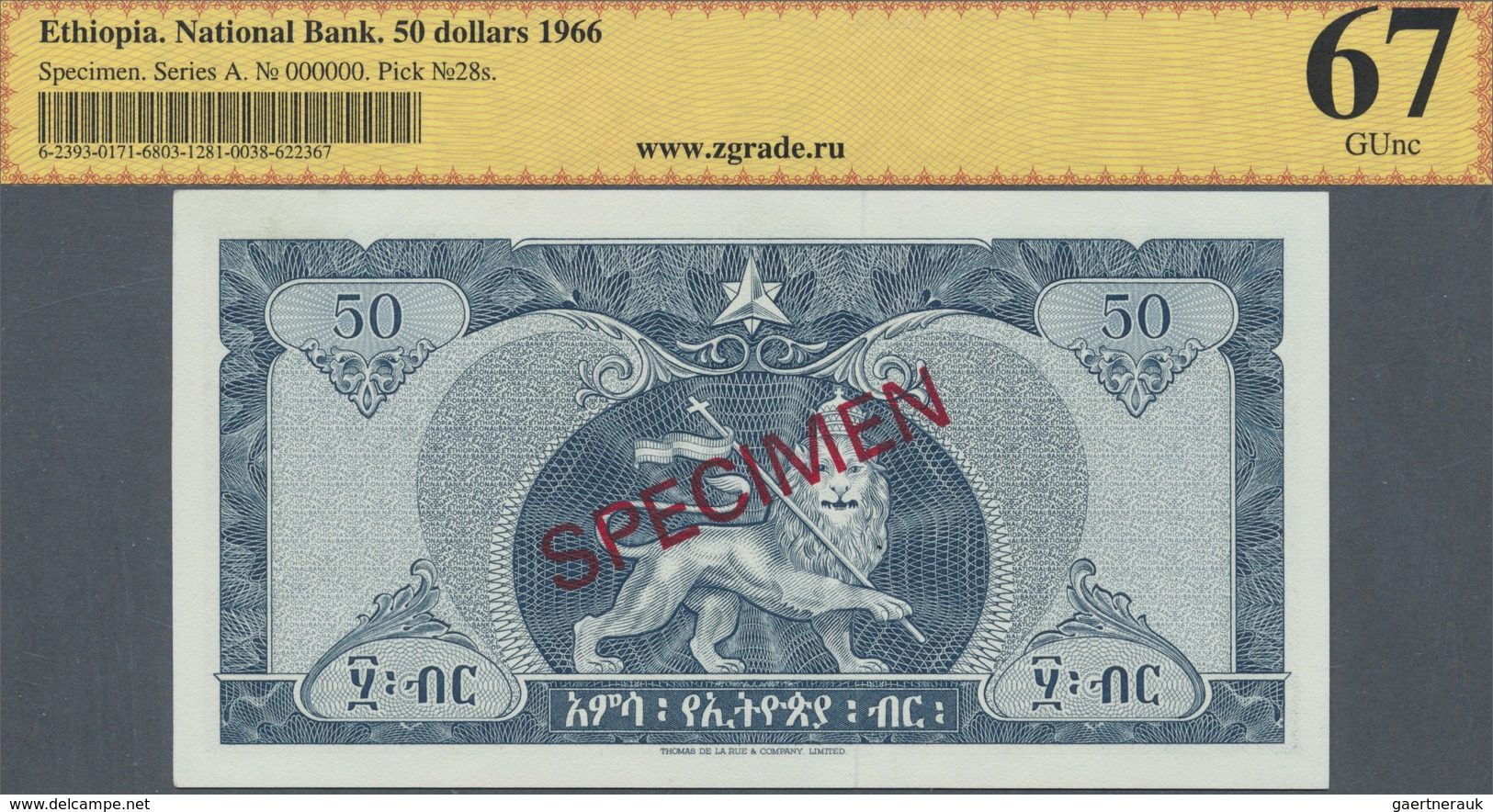 Ethiopia / Äthiopien: 50 Dollars 1966 SPECIMEN, P.28s In Perfect Condition, ZG Graded 67 GUnc - Ethiopia