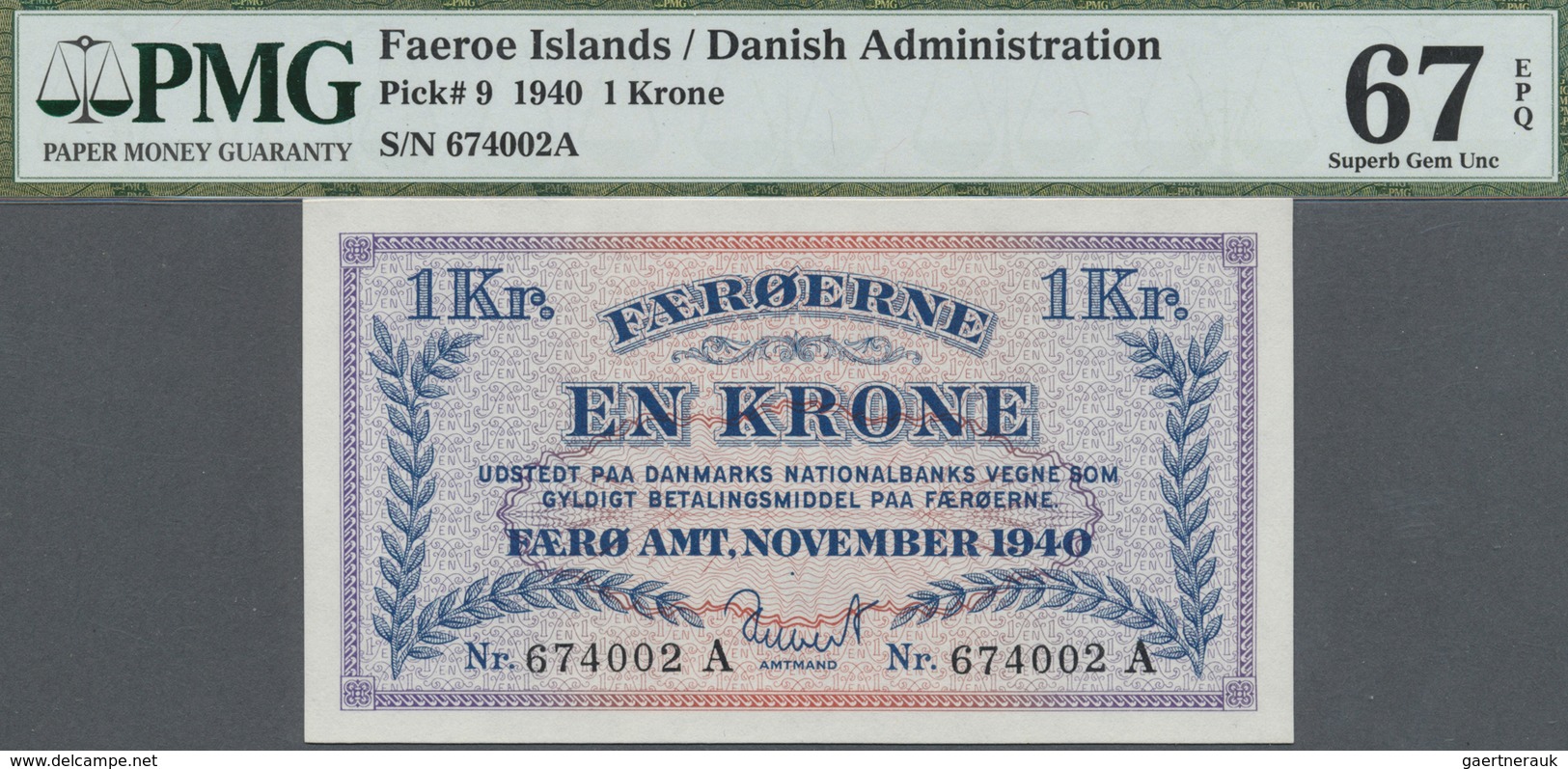 Faeroe Islands / Färöer: 1 Krone 1940, P.9 In Perfect UNC Condition, PMG Graded 67 Superb Gem Unc EP - Faroe Islands