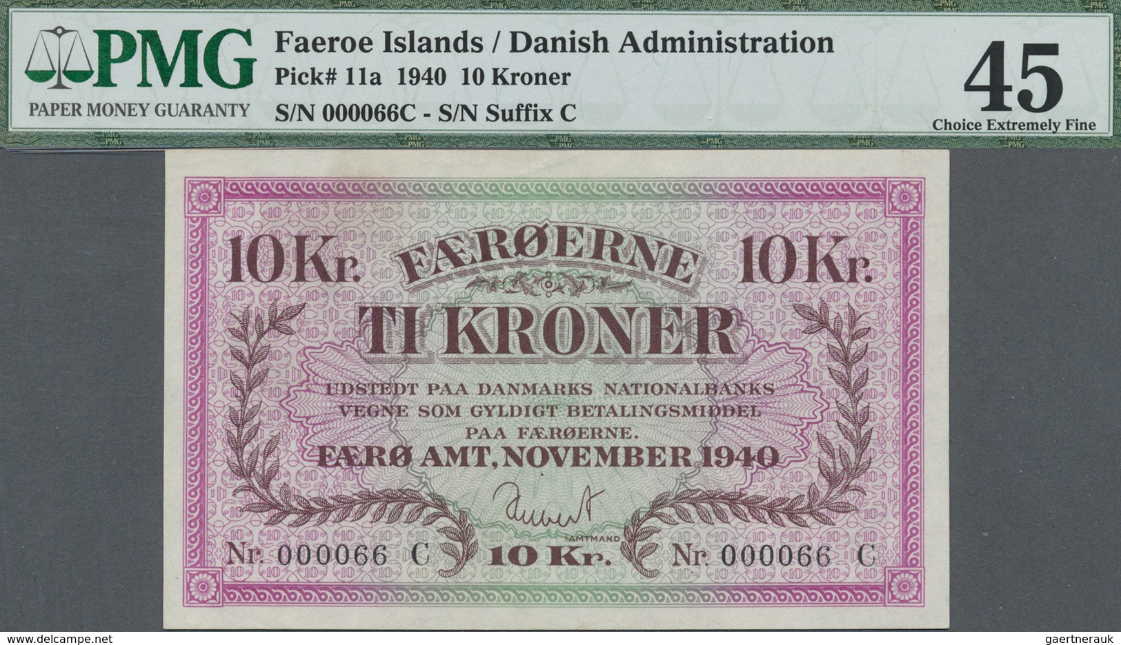 Faeroe Islands / Färöer: 10 Kroner 1940 P. 11a, With Very Low Serial #000066C, PMG Graded 45 Choice - Faroe Islands