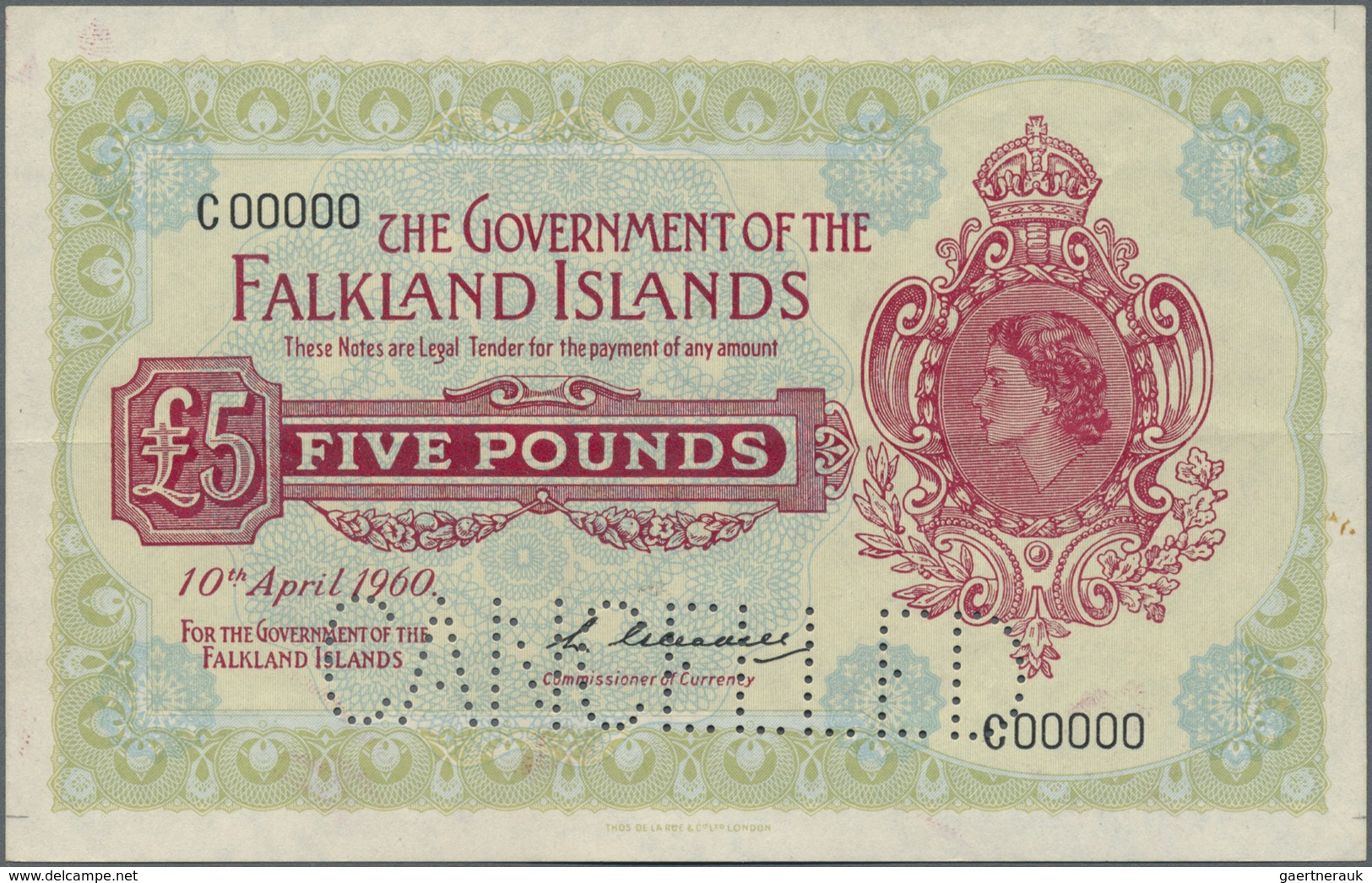 Falkland Islands / Falkland Inseln: 5 Pounds April 10th 1960 SPECIMEN, P.9as With Perforation CANCEL - Falkland Islands