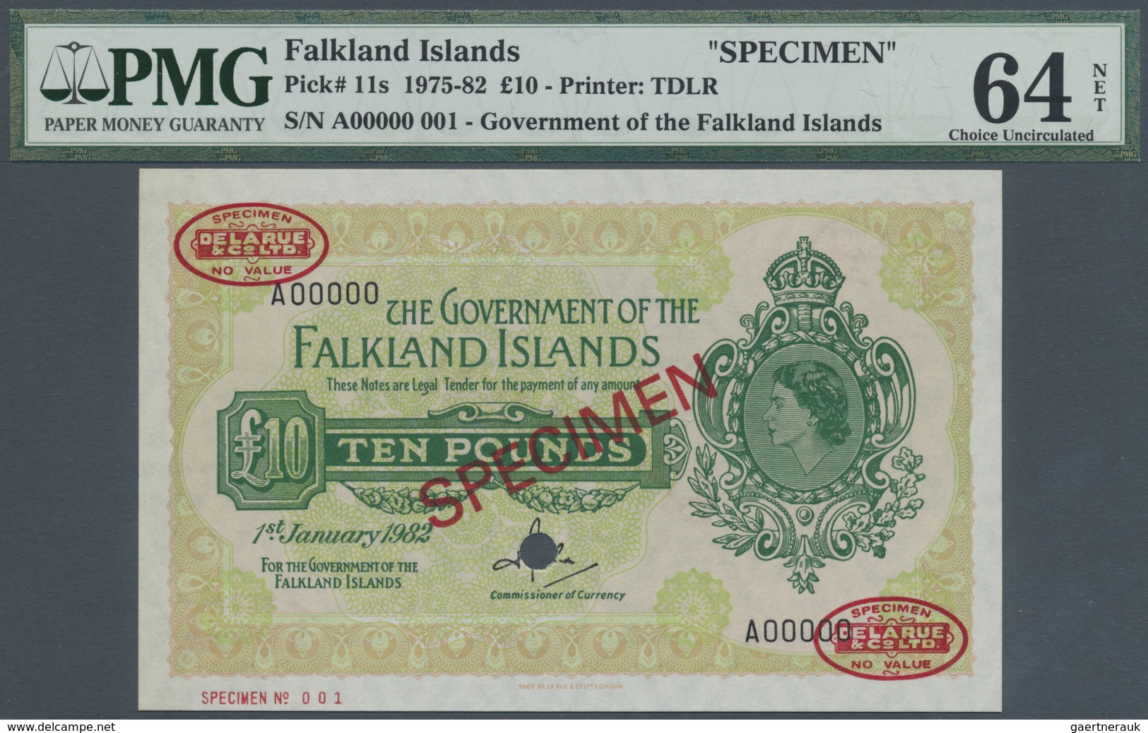 Falkland Islands / Falkland Inseln: 10 Pounds 1975-82 TDLR Specimen No.001 A 00000, P.11s PMG 64 Cho - Falkland Islands