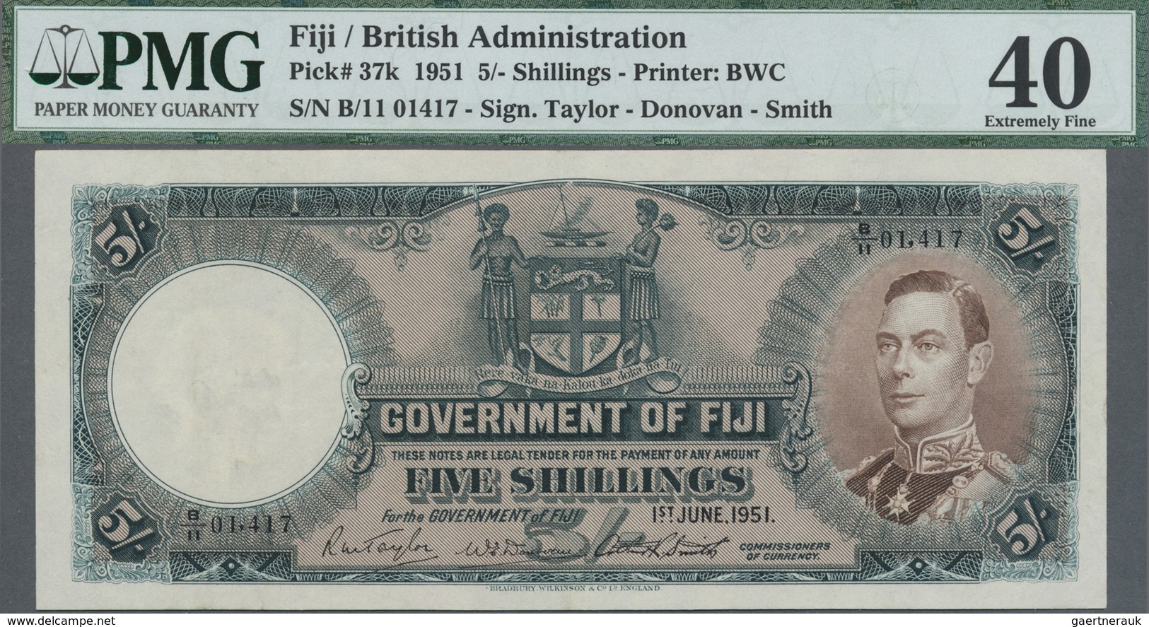 Fiji: 5 Shillings June 1st 1951 With Signatures: Taylor / Donovan / Smith, P.37k, Excellent Conditio - Fiji