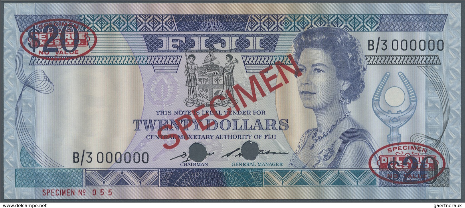 Fiji: 20 Dollars ND(1986) SPECIMEN, P.85s1 With Ovpt. Specimen, Cancellation Holes At Lower Center, - Fiji