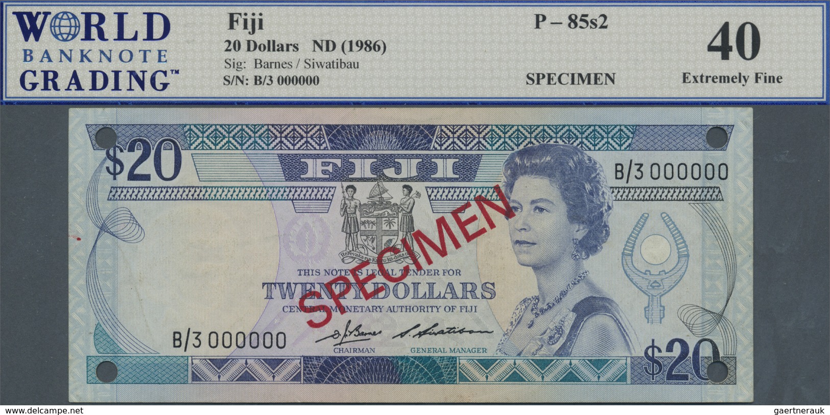 Fiji: 20 Dollars ND(1986) Specimen P. 85s2, Condition: WBG Graded 40 XF. - Fiji