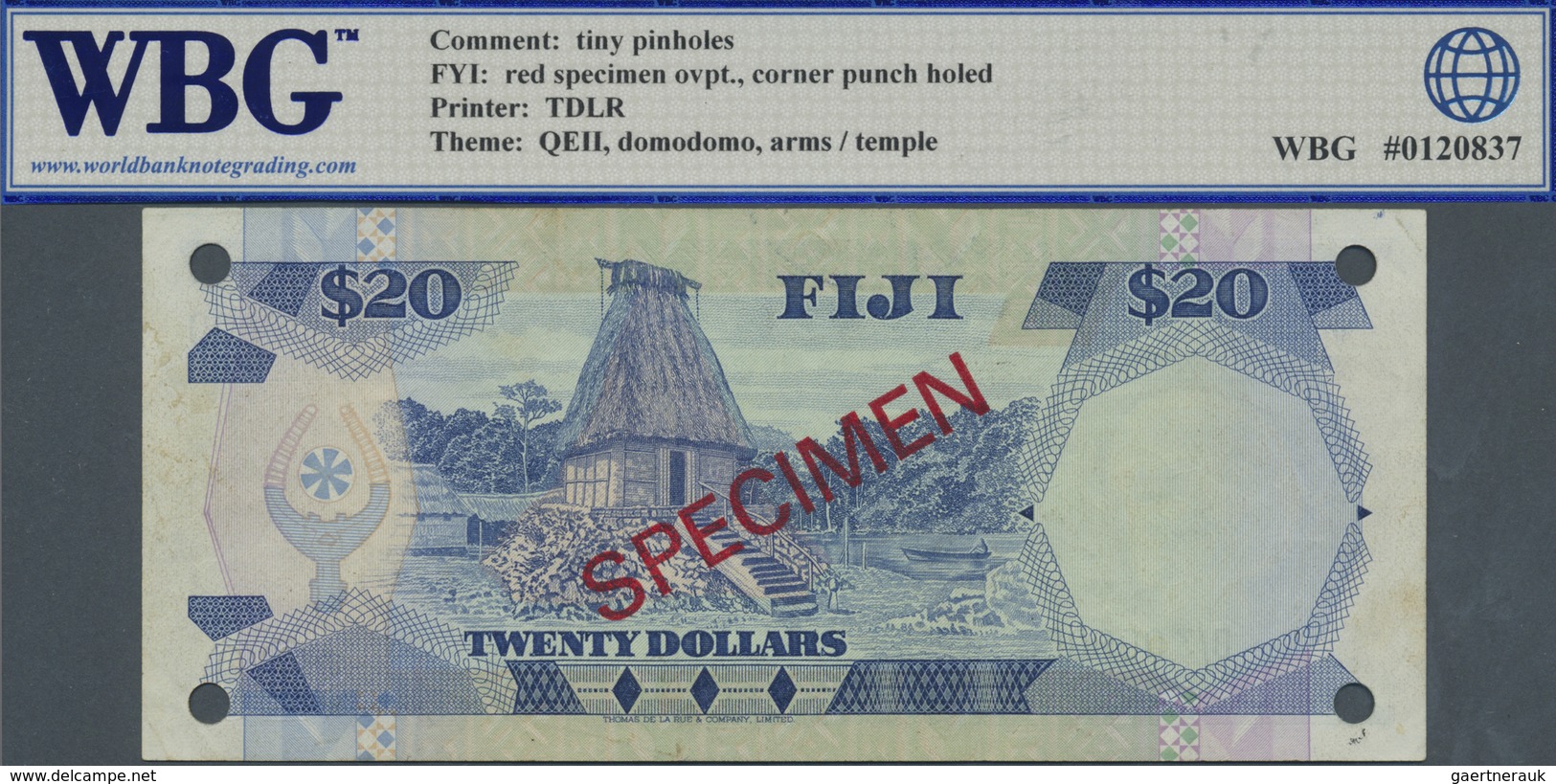 Fiji: 20 Dollars ND(1986) Specimen P. 85s2, Condition: WBG Graded 40 XF. - Fiji
