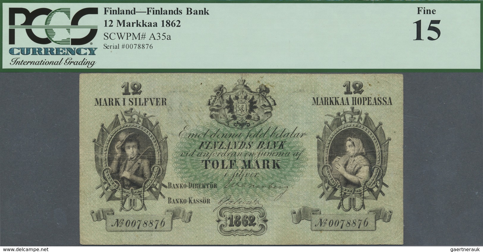 Finland / Finnland: 12 Markkaa 1862 P. 35a, Rare Note, PCGS Graded 15 Fine. - Finland