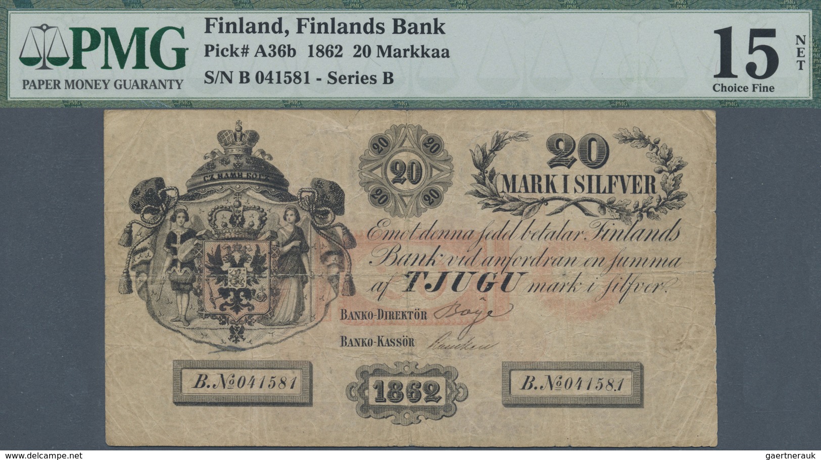 Finland / Finnland: 20 Markkaa 1862 P. A36b, Rare Note, PMG Graded 15 Choice Fine NET. - Finland
