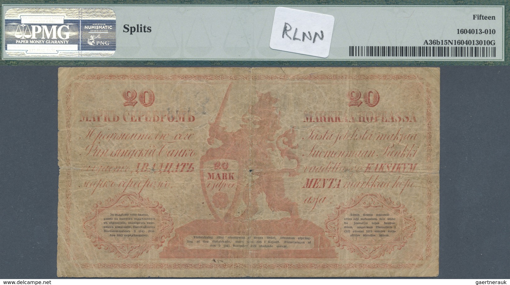 Finland / Finnland: 20 Markkaa 1862 P. A36b, Rare Note, PMG Graded 15 Choice Fine NET. - Finland