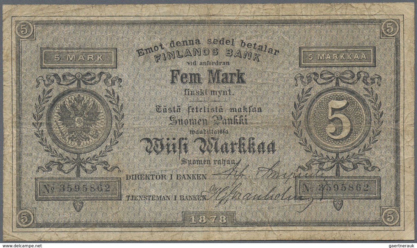 Finland / Finnland: 5 Markkaa 1878, P.A43b, Highly Rare Note With Many Handling Traces Like Folds An - Finland