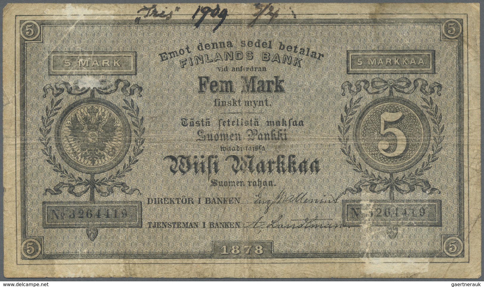 Finland / Finnland: 5 Markkaa 1878 P. A43b, Used With Strong Vertical And Horizontal Folds, Tiny Cen - Finland