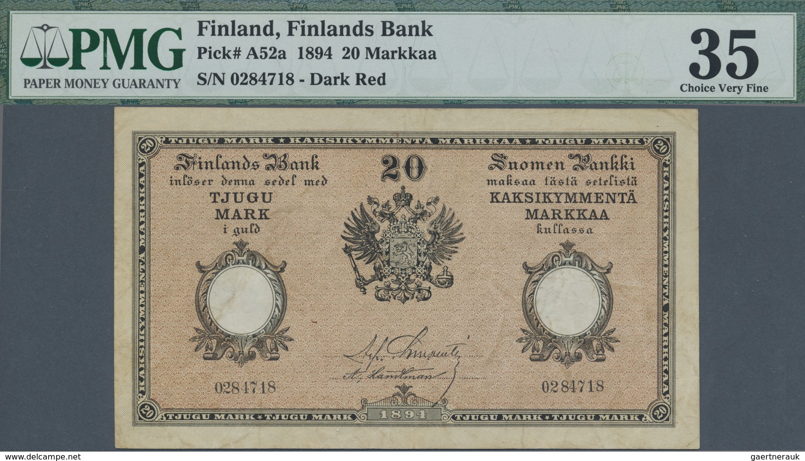 Finland / Finnland: 20 Markkaa 1894, P.A52a,  Very Nice And Attractive Note With Lightly Toned Paper - Finland