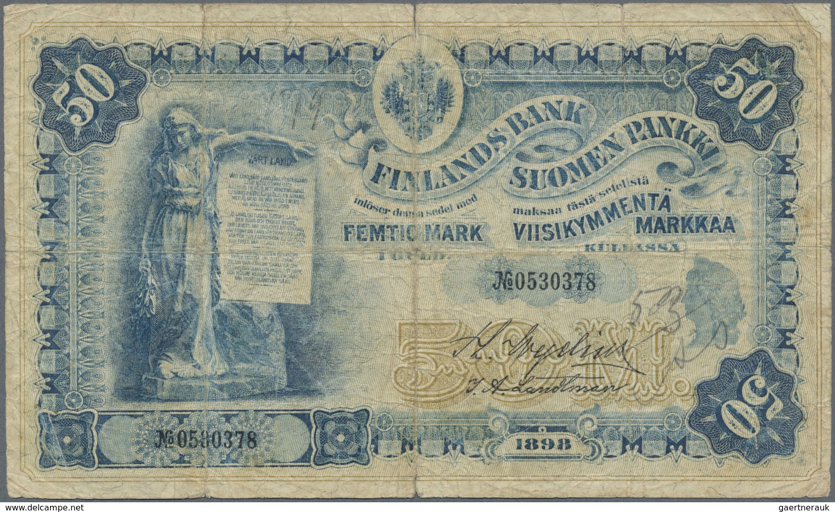 Finland / Finnland: 50 Markkaa 1898 P. 6c, Stronger Used With Strong Center And Horizontal Fold, Bor - Finland