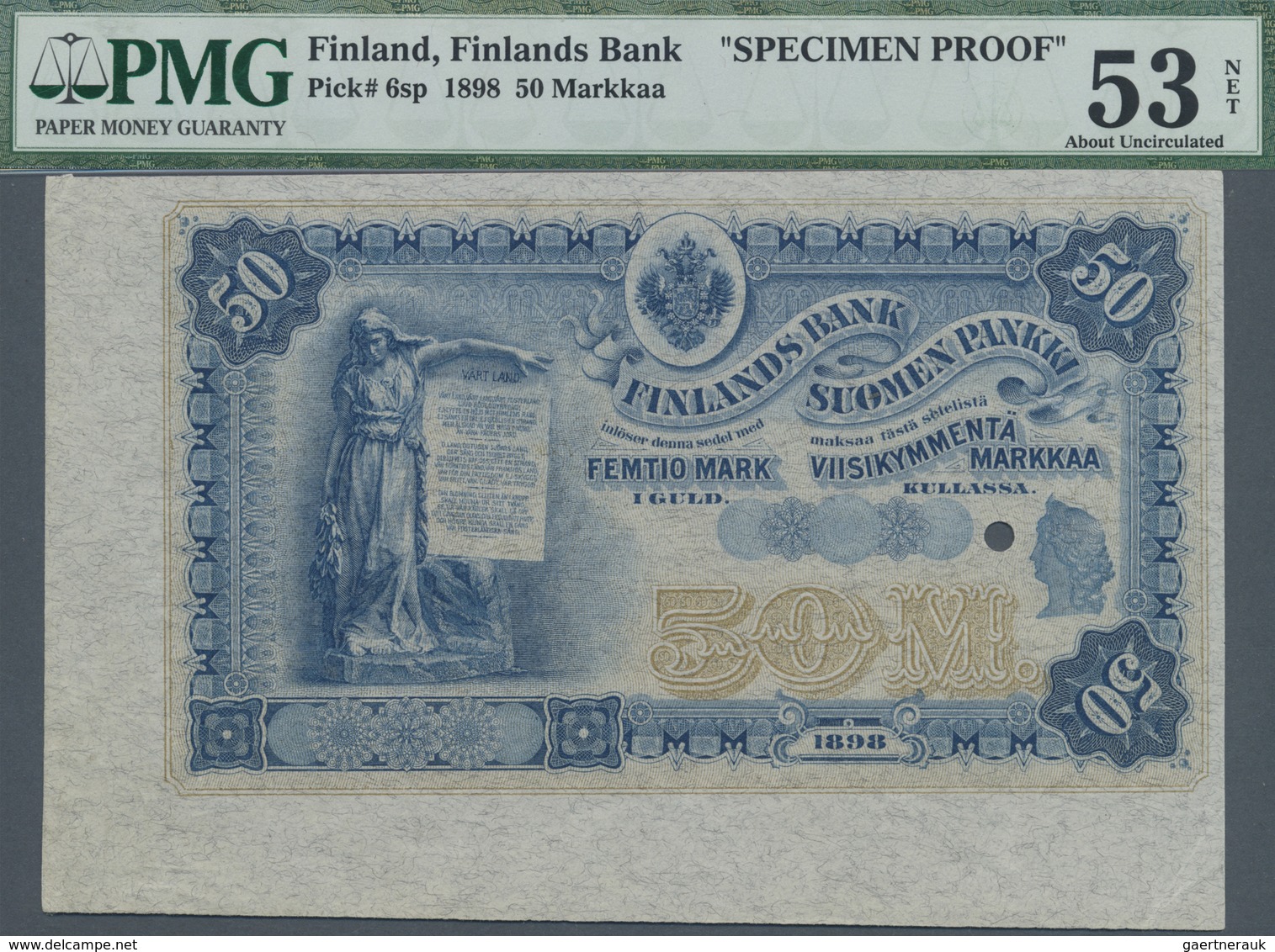 Finland / Finnland: 50 Markkaa 1898 Front Proof Print P. 6sp, PMG Graded 53 AUNC NET. - Finland