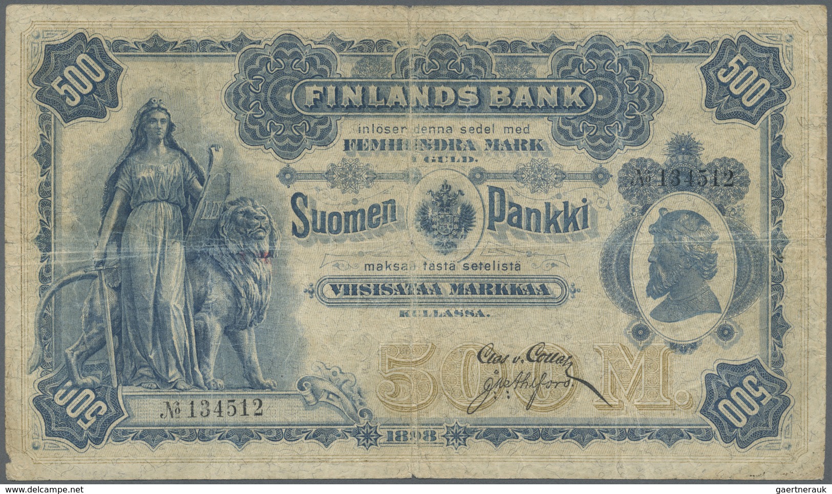 Finland / Finnland: 500 Markkaa 1898 P. 8c, Stronger Center And Horizontal Fold, Small Center Hole, - Finland