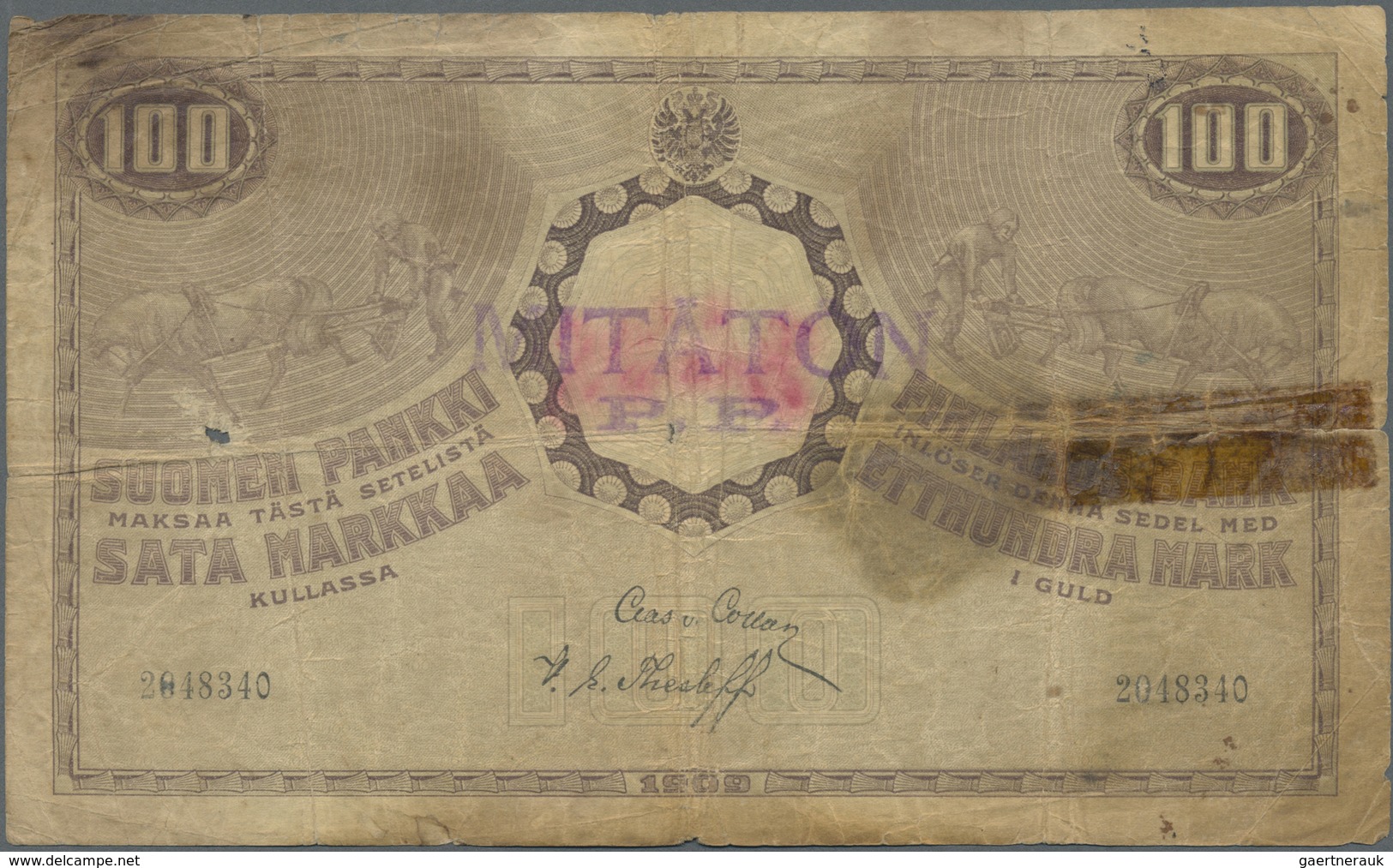Finland / Finnland: 100 Markkaa 1909 P. 13, Stronger Used With Stained Paper, Bank Stamp On Front, S - Finland