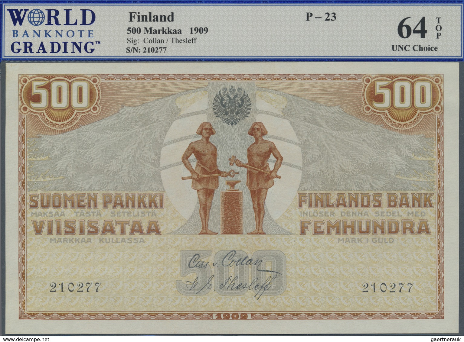 Finland / Finnland: 500 Markkaa 1909, P.23 In Perfect Condition, WBG Grading 64 UNC Choice TOP - Finland